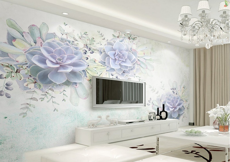 Hình ảnh giấy dán tường 3d hoạt tiết hoa sen bắt mắt cho không gian phòng khách