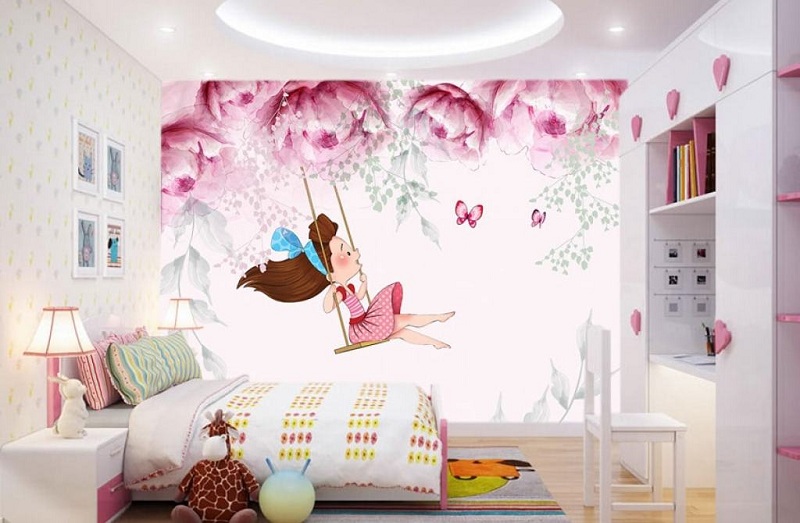 Giấy dán tường phòng ngủ hiện đại 4D dành cho bé gái 