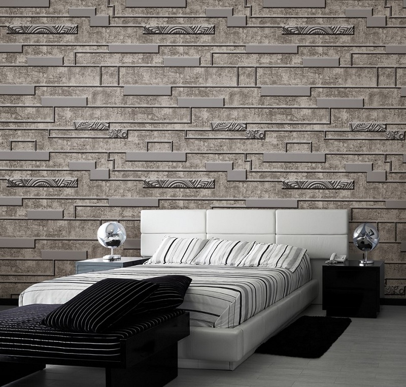 Mẫu giấy dán tường giả gạch 3D với gam màu tối sáng hòa quyện với nội thất phòng ngủ
