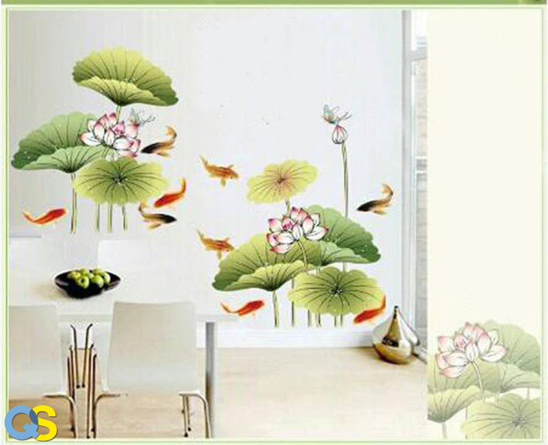 Giấy dán tường họa tiết hoa sen và cá chép