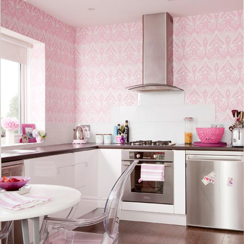 Sử dụng màu hồng tạo nên sự thoáng mát, nhẹ nhàng cho không gian nhà bếp.