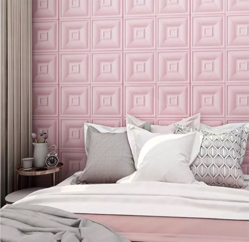 Giấy dán tường 3D hình ô vuông màu hồng pastel nhẹ nhàng.