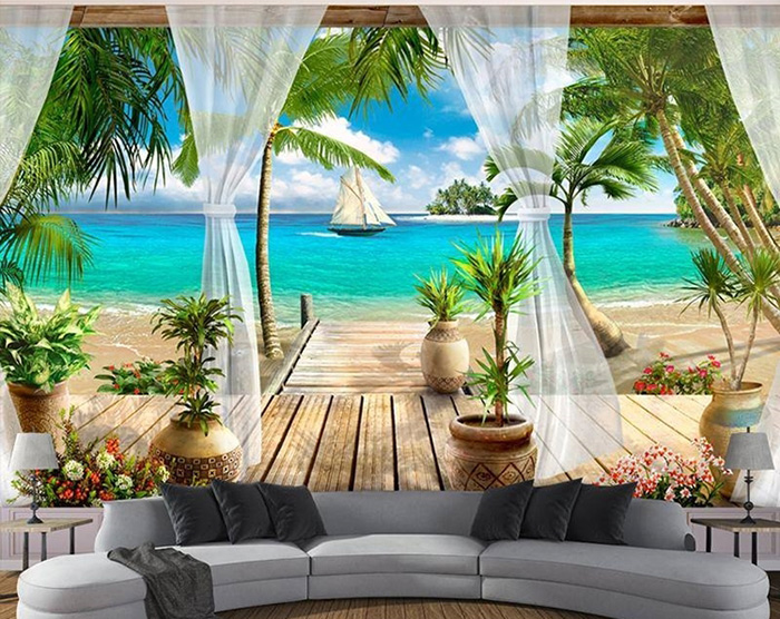 Tranh dán tường phòng khách 3D view biển
