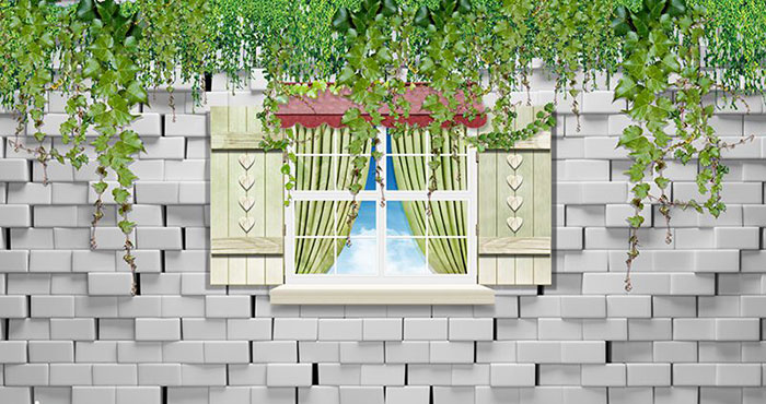Tranh dán tường cửa sổ 3D tường gạch