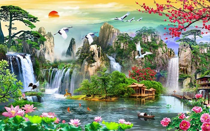Tranh sơn thủy dán tường với hình ảnh chiếc ghe nhỏ trên sông, khung cảnh yên bình