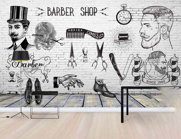 Mẫu tranh dán tường Barber Shop chủ đề Vintage